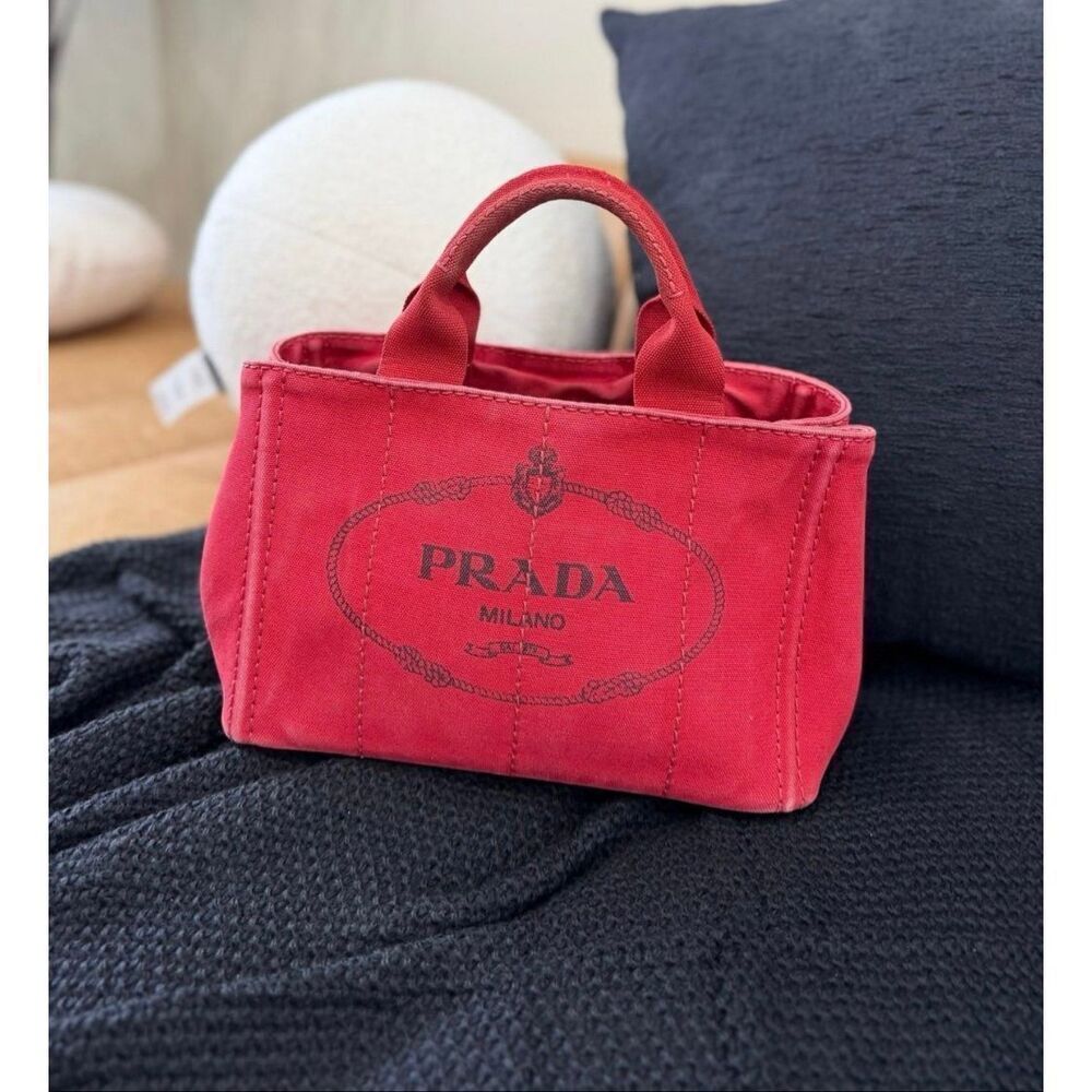 PRADA SMALL RED CANVAS CANAPA HANDBAG